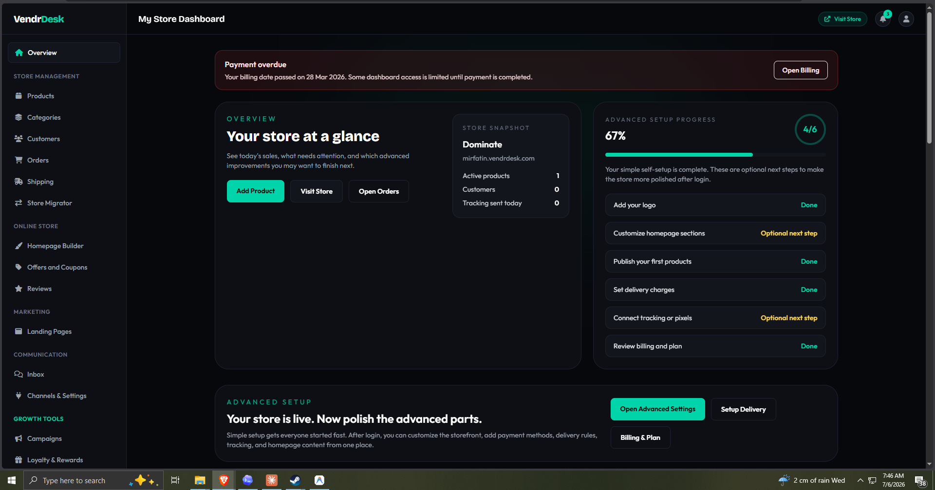 VendrDesk business dashboard overview