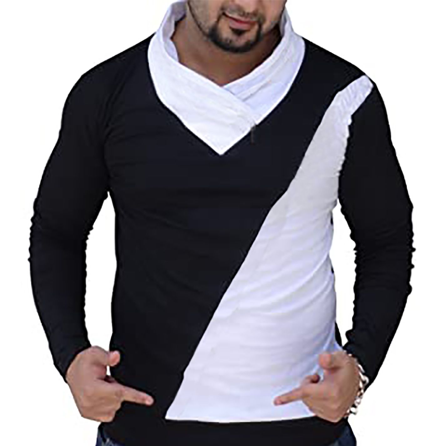 Men's Black & White Comfortable Full Sleeve & Round Neck T-Shirt - Custom Fit