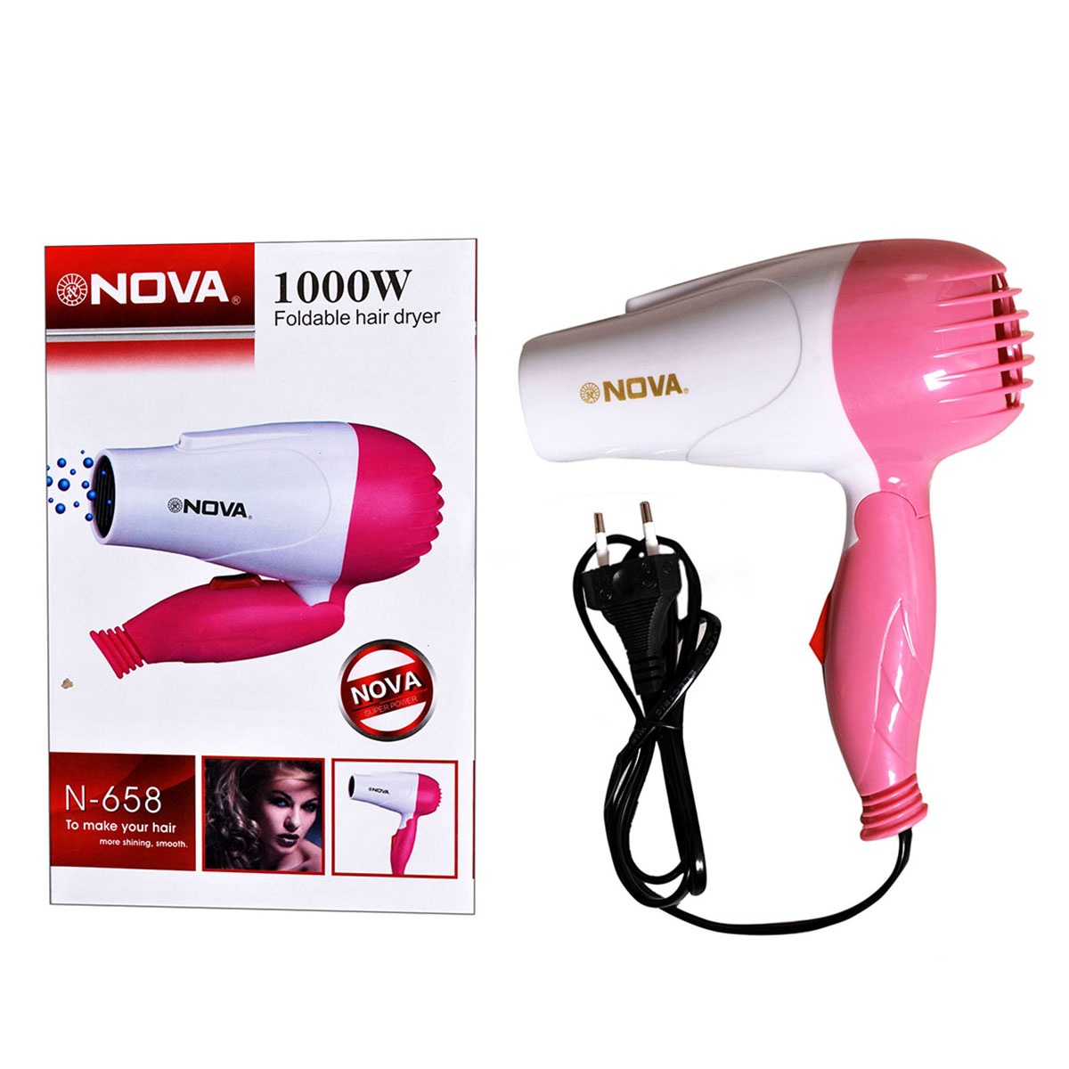 Kemei-New NV-1290 Folding Hair Dryer - Pink and White
