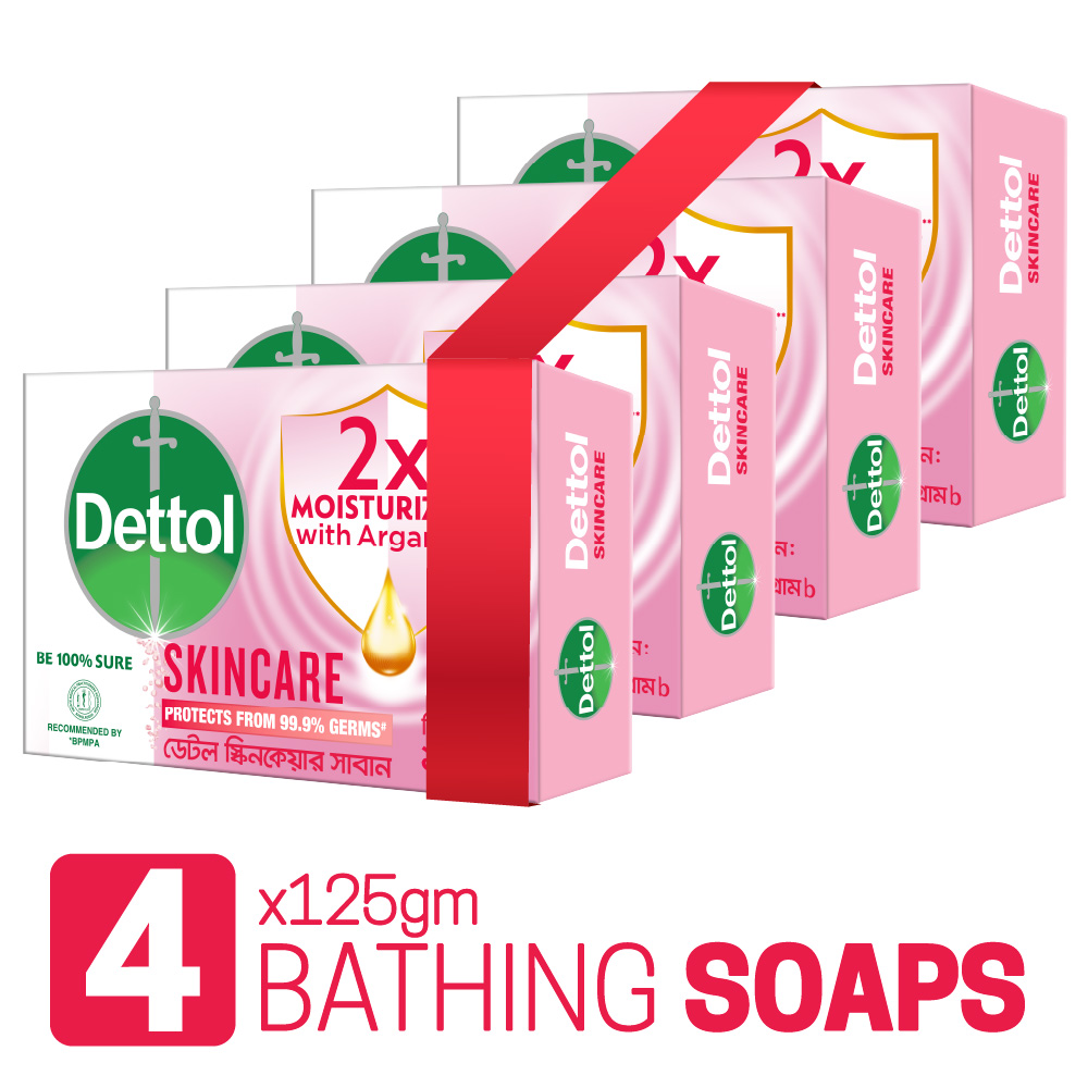 Dettol Soap Skincare Quad Pack (125gm X 4), Bathing Bar Soaps with Moisturizers