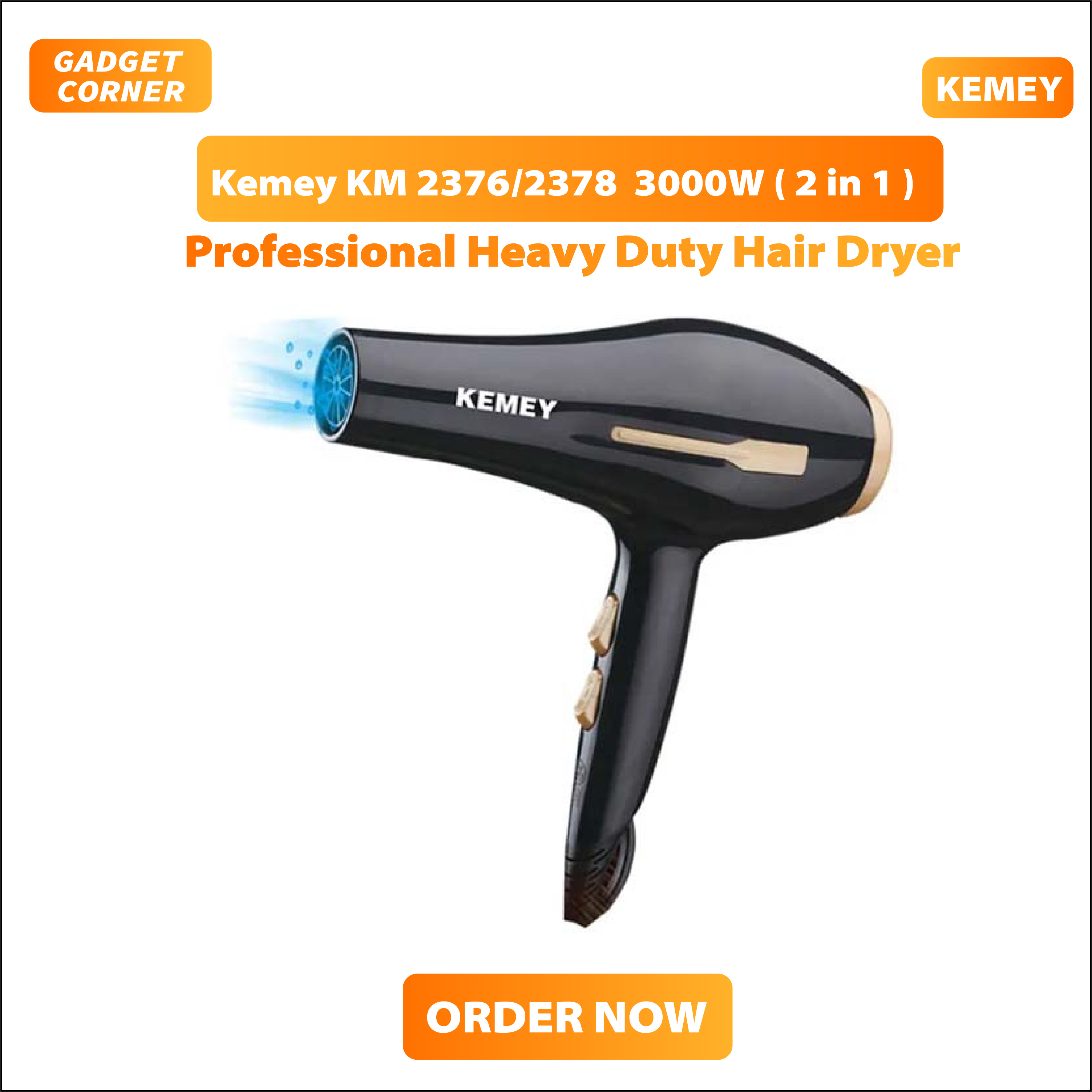 Kemey-KM-2376/2378 -3000W/1000W ( 2 in 1 ) Powerful-Professional-Heavy-Duty-Hair-Dryer-for-Unisex - Hair Dryer