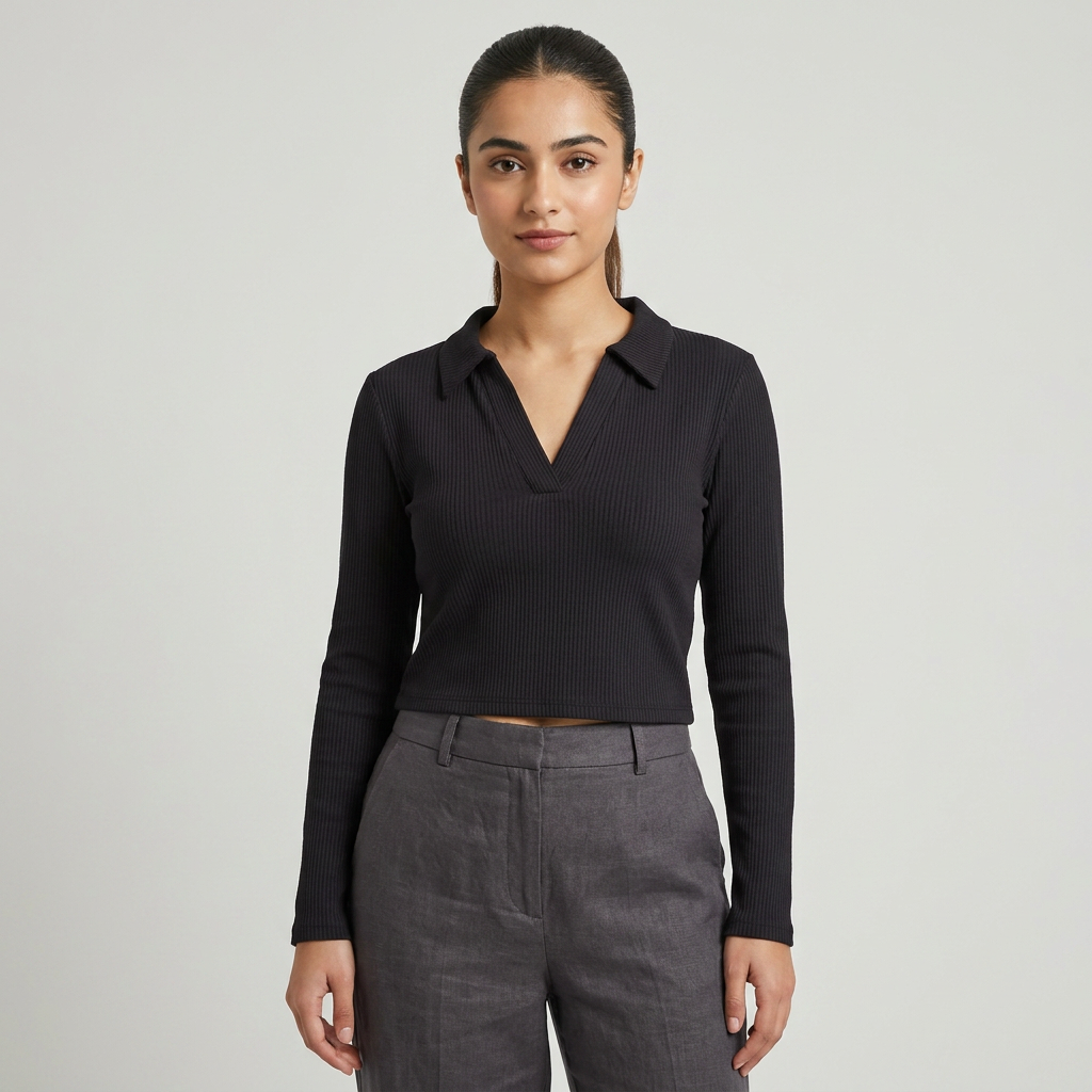 Ladies Long Sleeve Crop Top - Black - Blouse For Women