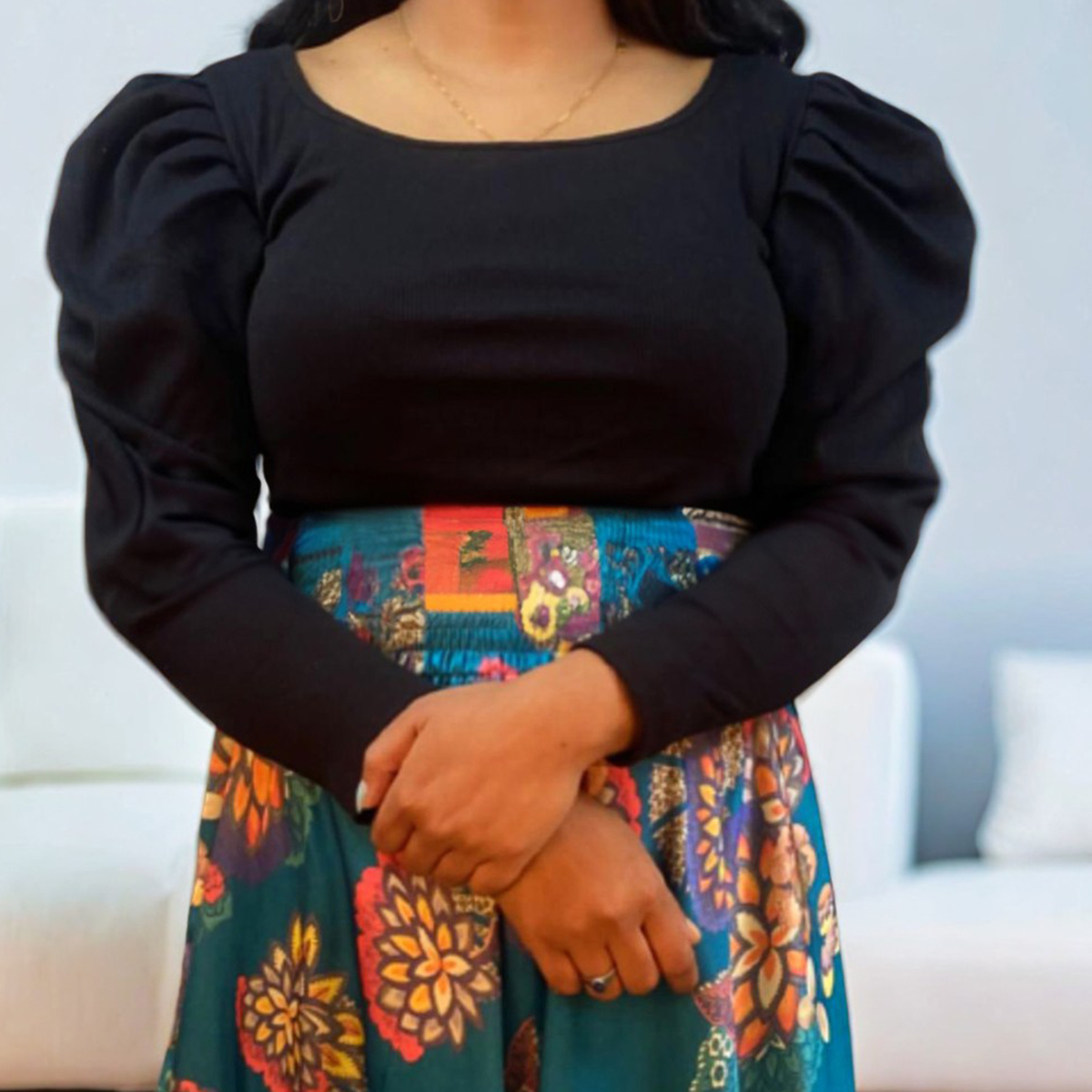 Puff Long Sleeve Crop Top for Women - Ribbed Fabric Blouse