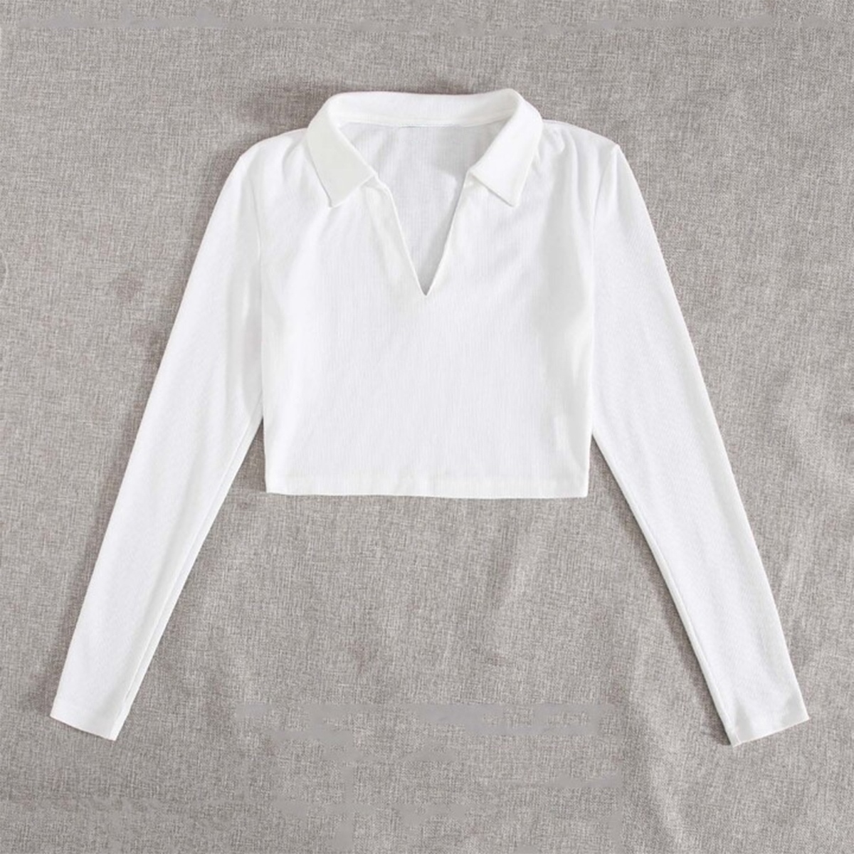 Ladies Collar Long Sleeve Ribbed Crop Top Blouse, Casual Fit, Stylish Slim Wear