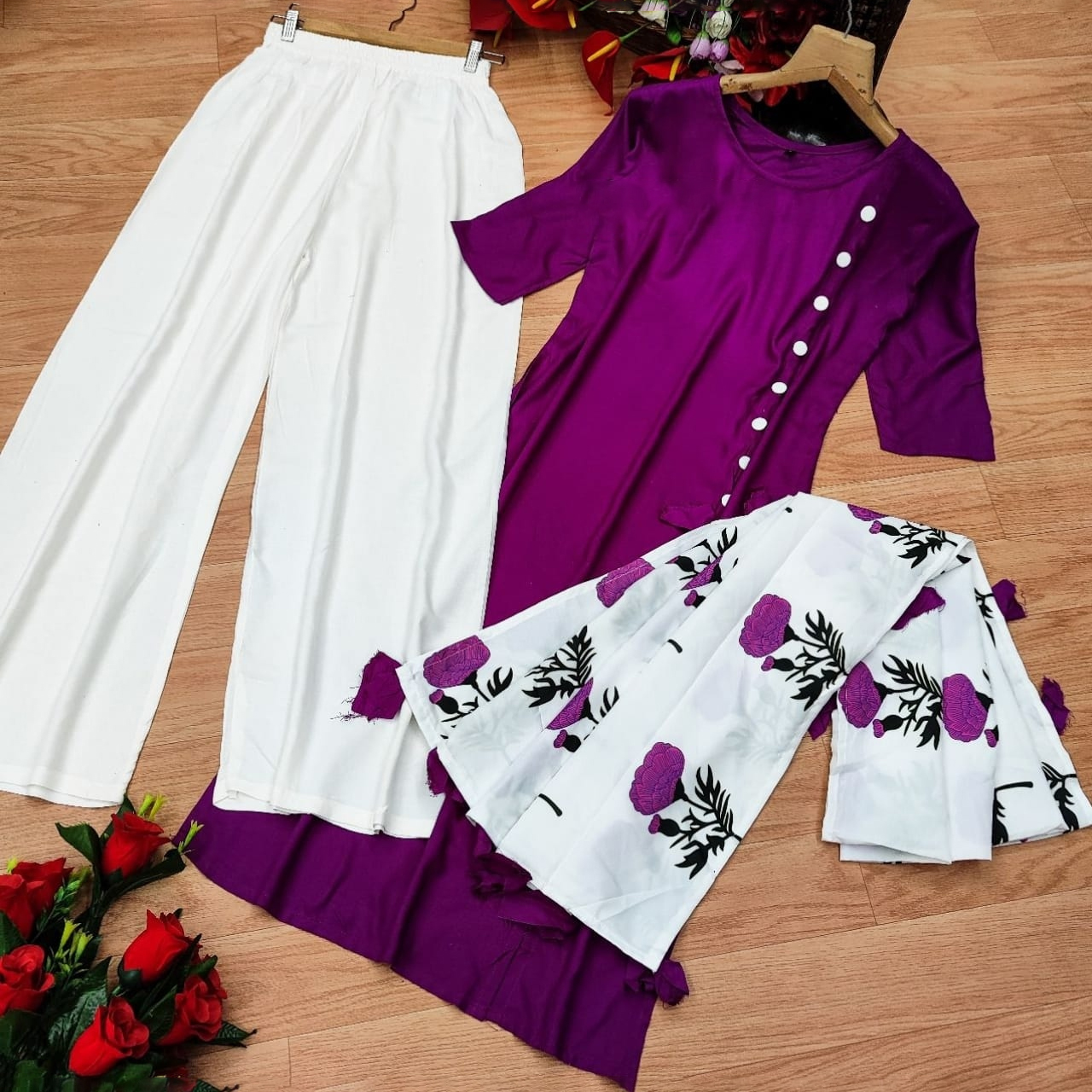Summer Ready Three Pieces Button Design Linen Fashionable Stitched Kurti Shalwar Kameez For Stylish Women / Girls - 3 Pice Dress