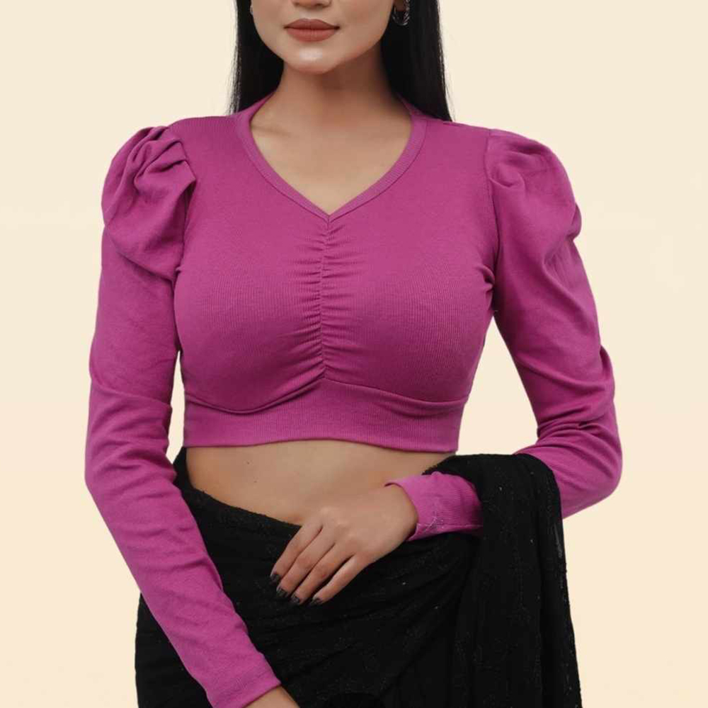 Crop Top Blouse For Women Summer Collection Ribbed Cotton Spandex Fabric Casual Slim Fit Long Sleeve Style Solid Colors