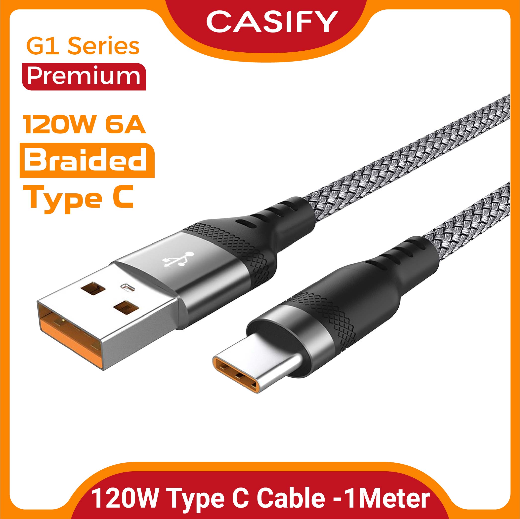 CASIFY G1 120W 6A Type C Fast Charging Cabe Type C 120W Cable Data Cable Metal Type C Cable Nylon Braided Type C Cable 120W 1M
