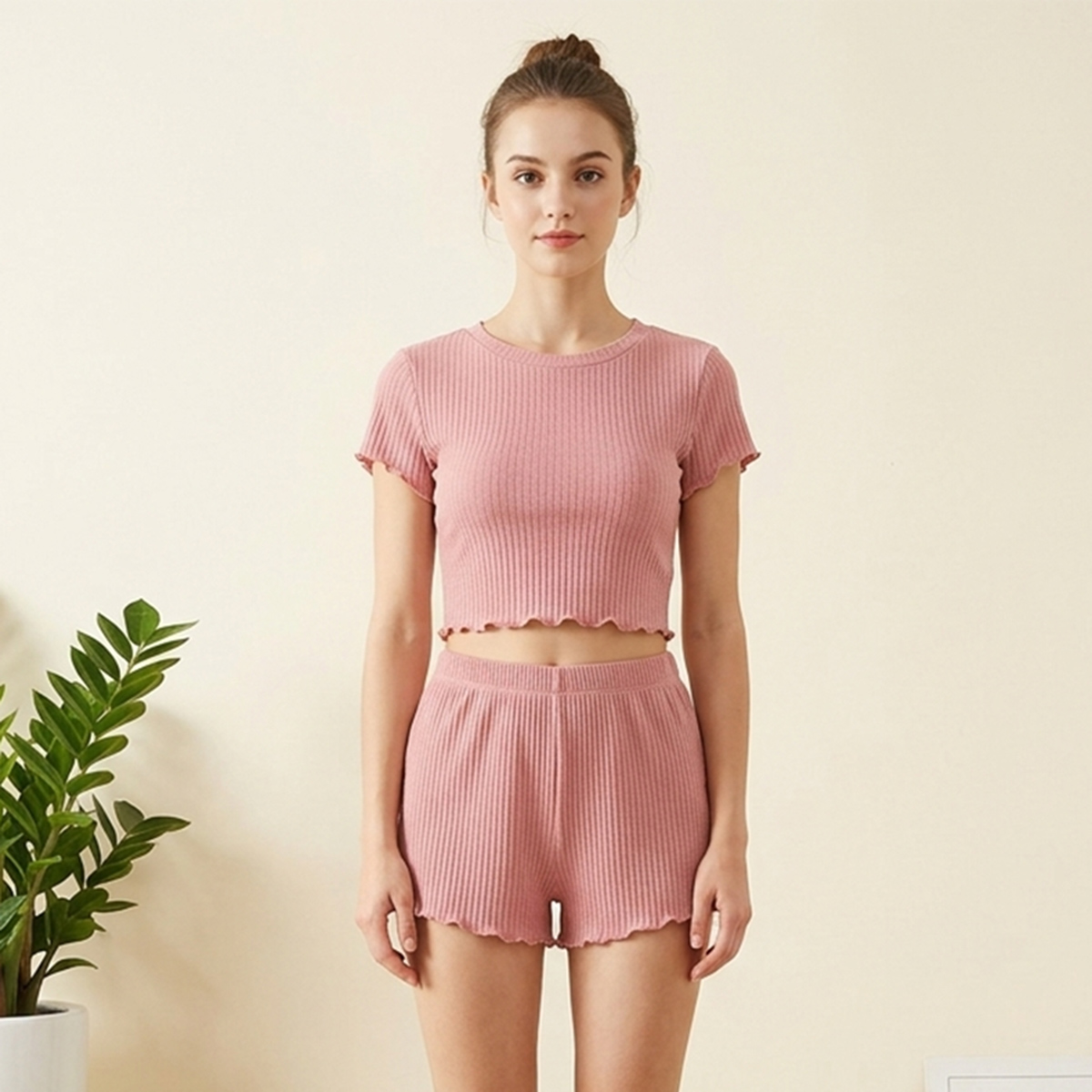 Lettuce Top and Bottom Set for Women, Rib Knit Crop Top and Pant, M,m L, XL, Shirtsleeve Design