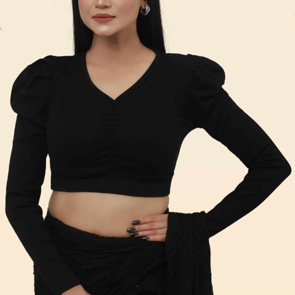 Crop Top Blouse For Women Summer Casual Wear Soft Cotton Fabric Trendy A-Line Style Full Sleeve Top Solid Color