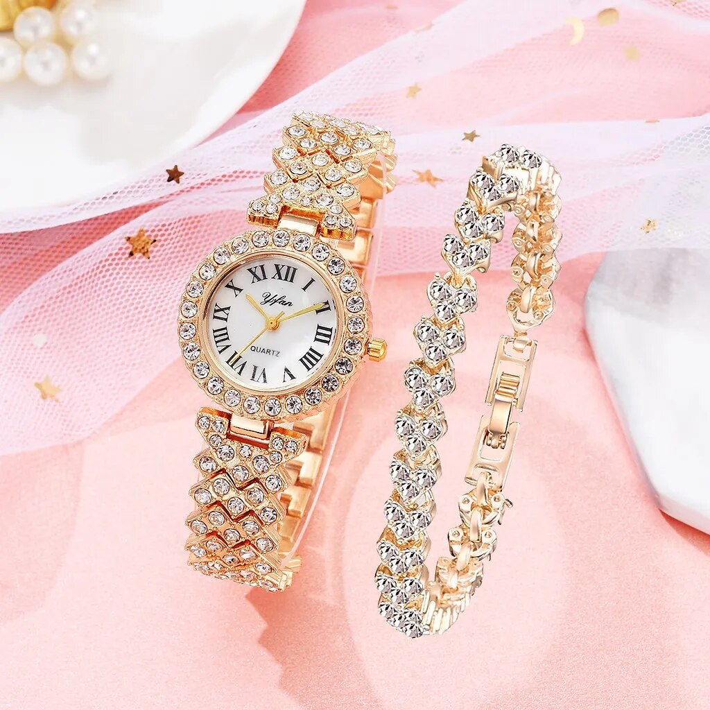 All Season Luxury Quartz Watch for Women & Bracelet 2 pcs Set – Alloy & Rhinestone Fashion Jewelry Combo