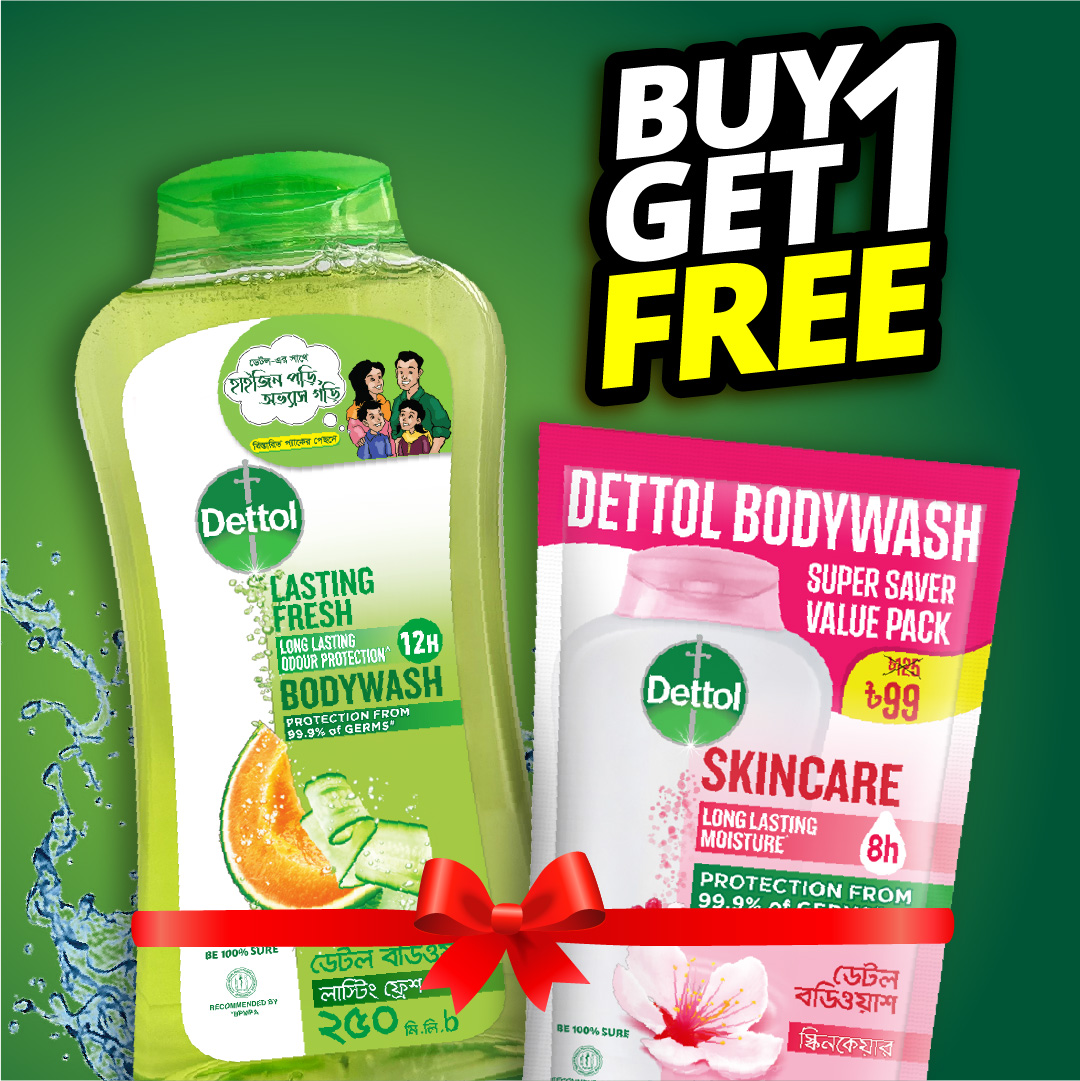 Buy 1 Get 1 Free - Dettol Lasting Fresh Bodywash 250ml with 12 Hour Odour Protection + Skincare Bodywash 170ml Super Saver Value Pack Free