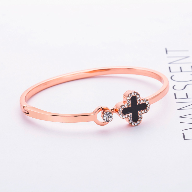 Metal Titanium Steel Bangle Rose Leaf Clover Charm Opened Cuff Bangle Bracelet for birthday gift | Rose Gold