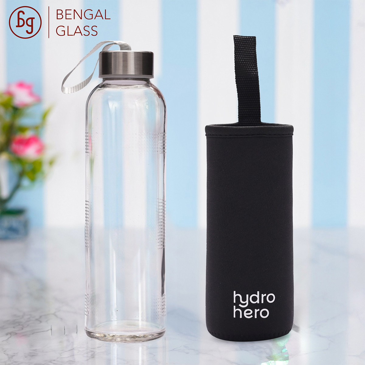 Bengal Glass | Water Bottle | Hydro Hero 500ml Reusable Glass Water Bottle – Clear, BPA-Free, with Protective Sleeve & Leakproof Stainless Steel Cap