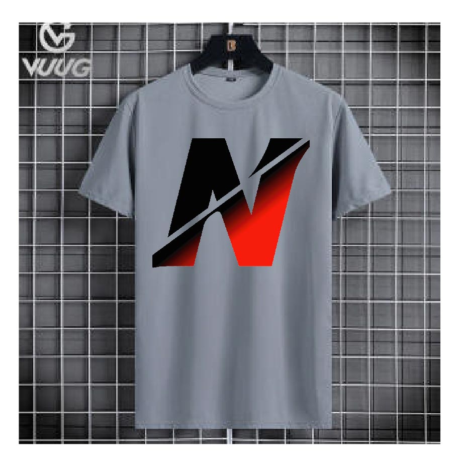 Men's Ash Color Alphabet "N" T-Shirt – Half Sleeve, Round Neck, Stylish & Comfortable Casual Wear